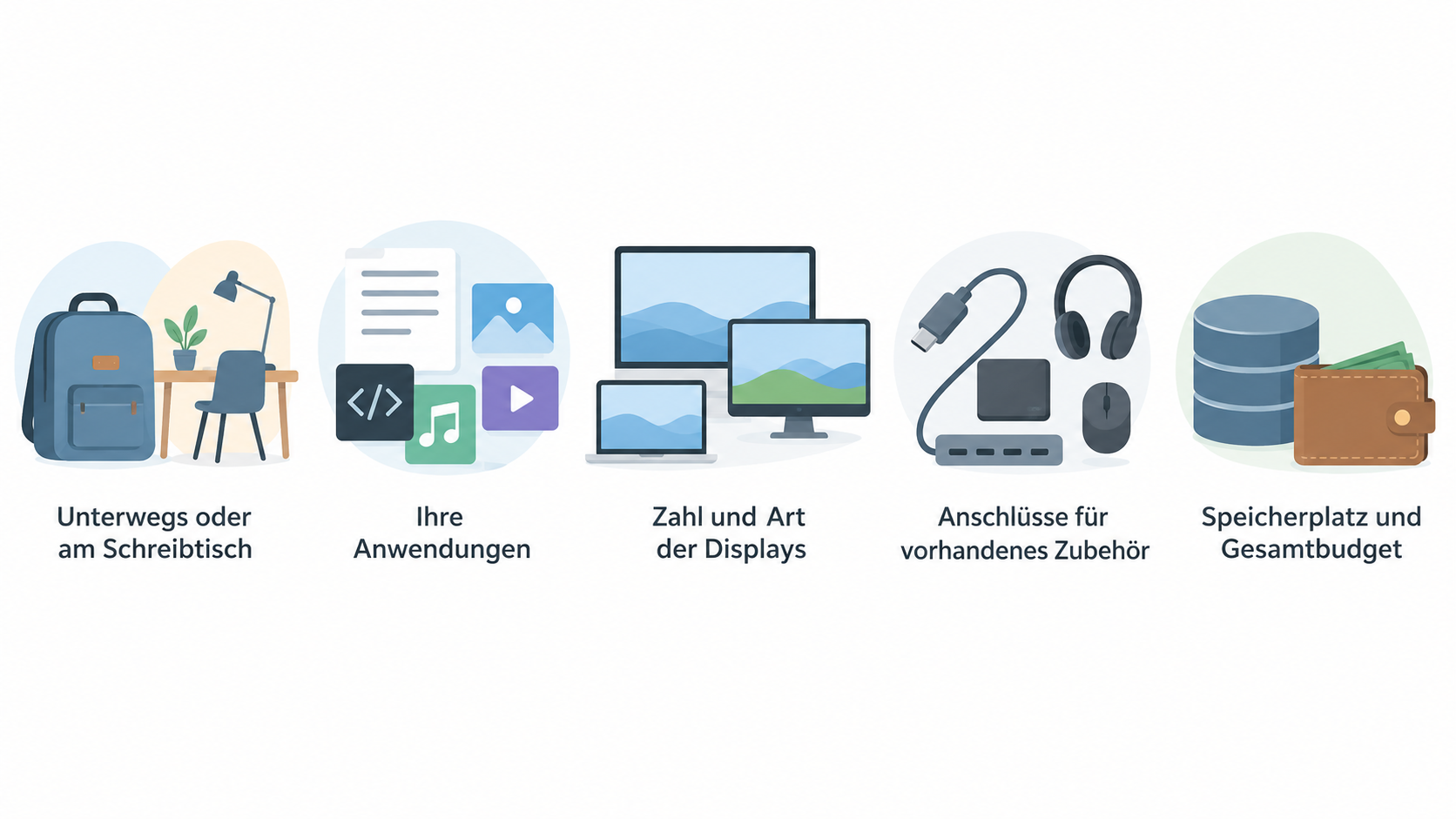 Eine nummerierte Checkliste mit fünf im Abschnitt genannten Auswahlpunkten: „wie und wo Sie arbeiten“, „wiederkehrende Aufgaben“, „Zahl und Art der Displays“, „Anschlüsse für