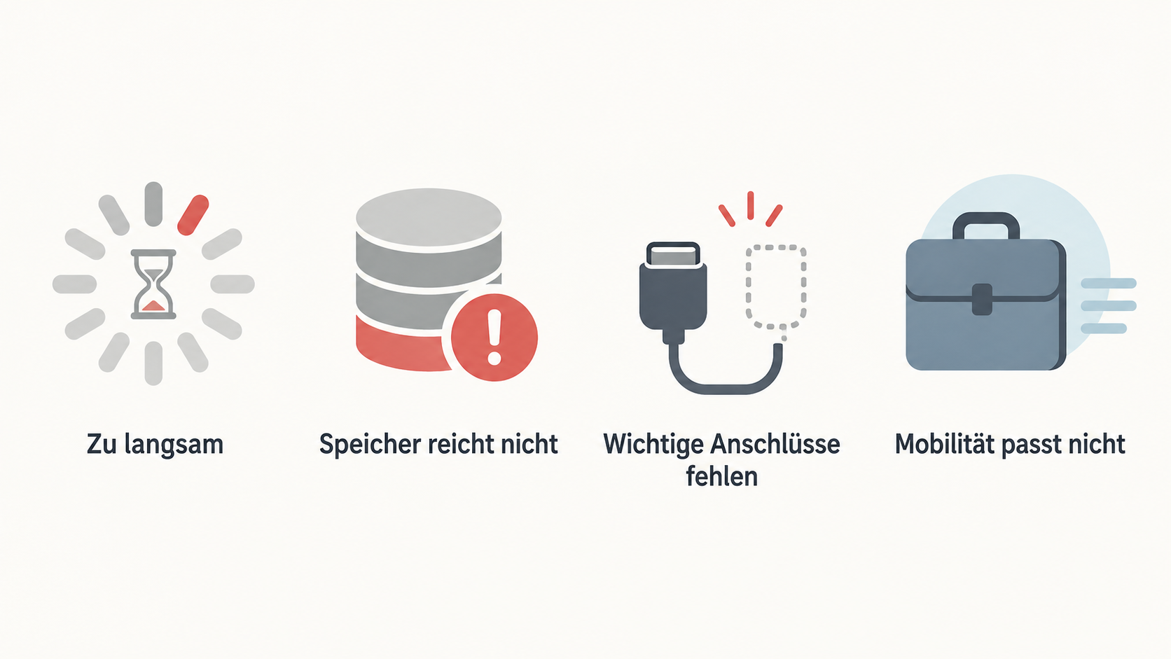 Die im Abschnitt genannten Gründe für einen Mac-Kauf als eine waagerechte Reihe einfacher Icons mit den Labels „Tempo“, „Speicher“, „Anschlüsse“ und „Mobilität“ zeigen.