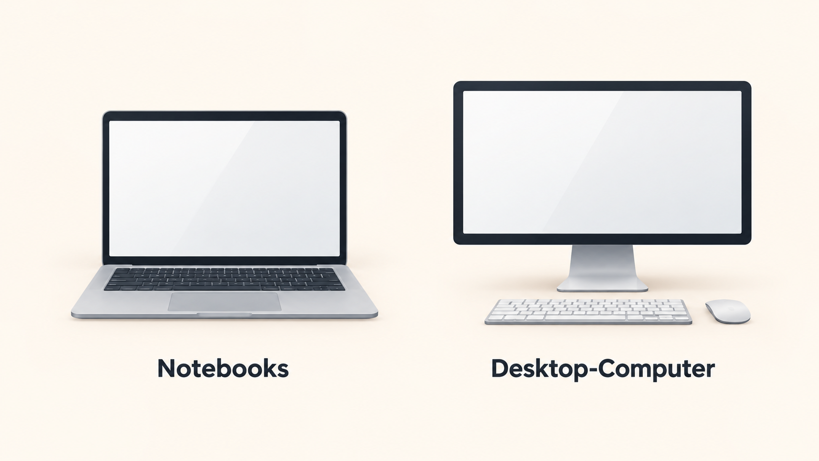 Die aktuellen Mac-Familien als zwei Gruppen zeigen: Notebooks MacBook Air, MacBook Pro und Desktops iMac, Mac mini, Mac Studio.