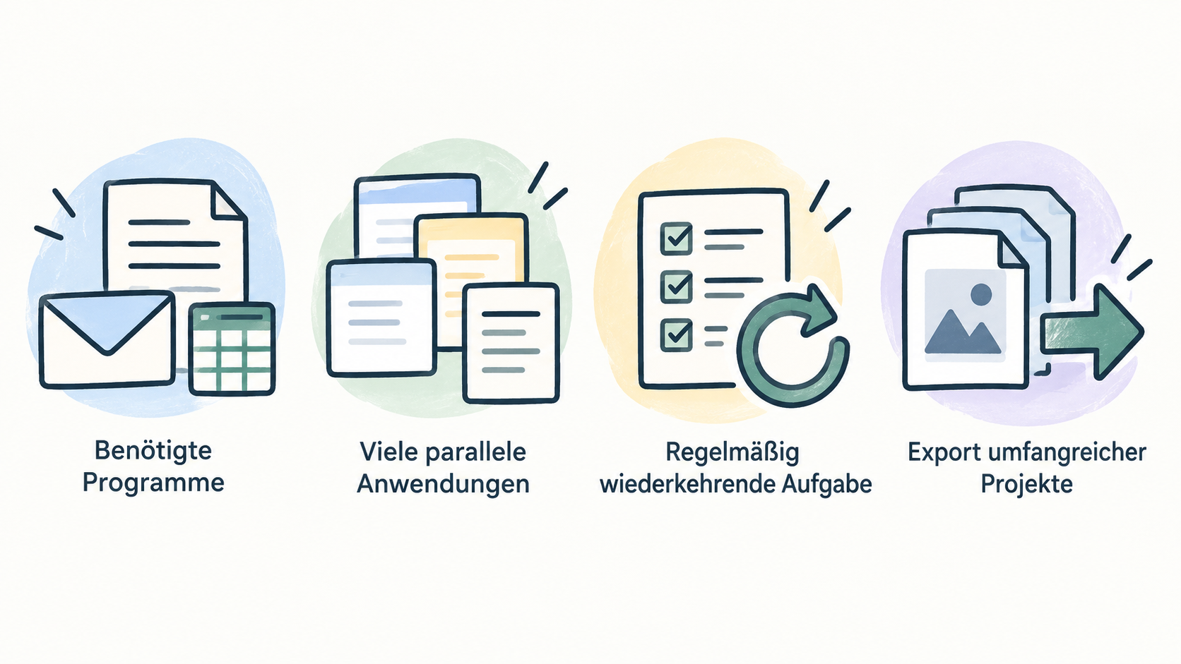 Eine nummerierte Checkliste mit vier im Abschnitt genannten Schritten: „stärkste, regelmäßig wiederkehrende Aufgabe möglichst konkret beschreiben“, „Systemanforderungen Ihrer