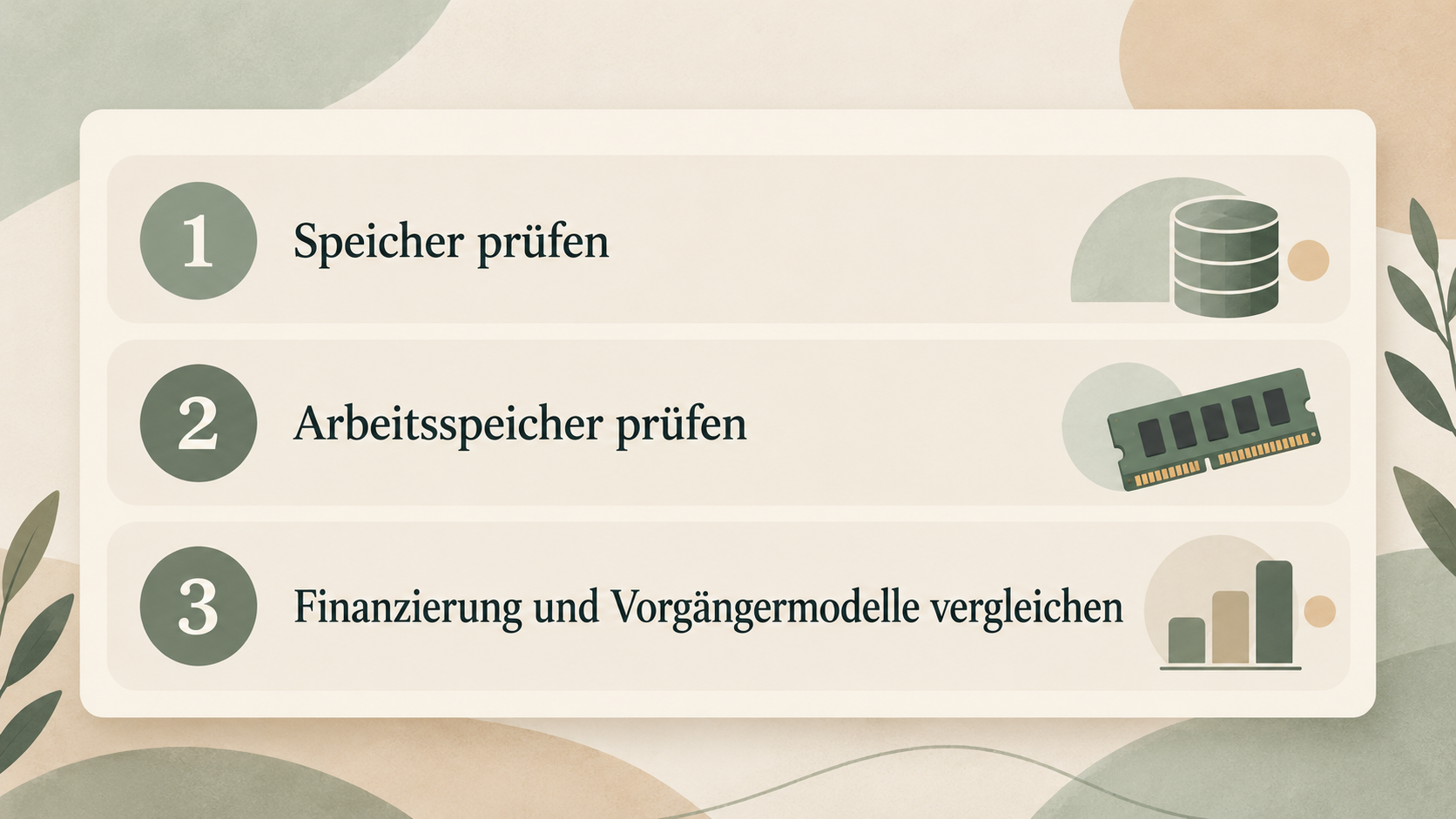 Eine einfache nummerierte Checkliste der im Abschnitt genannten Spar-Hebel beim Kauf, ohne Preise oder Zahlen