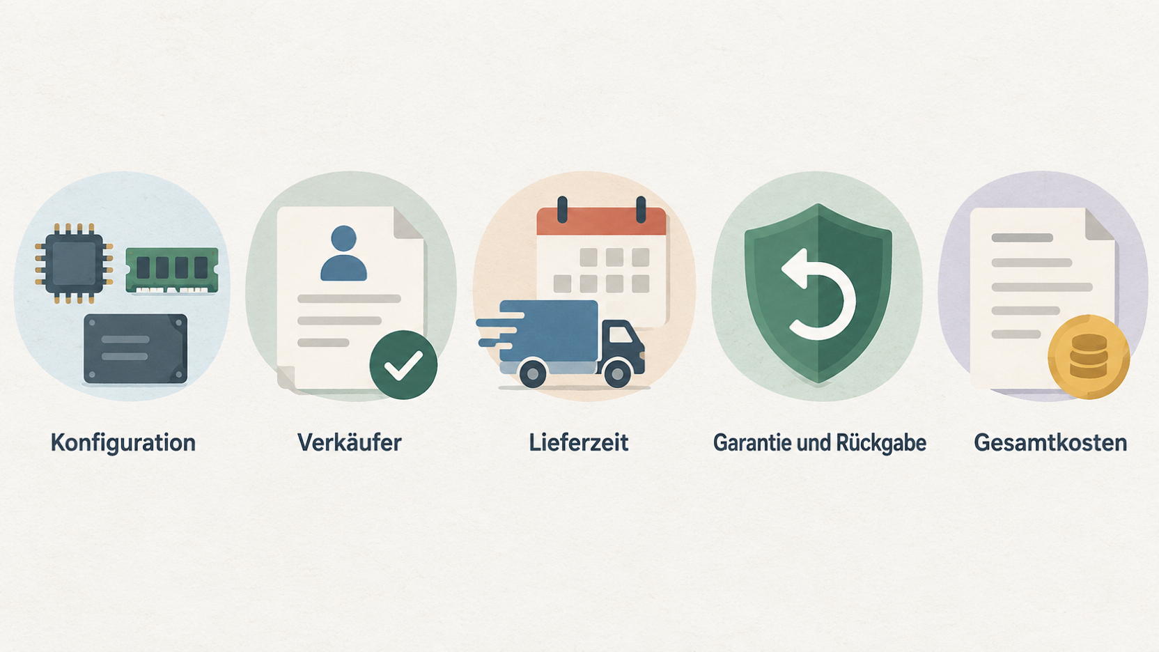 Die fünf im Einstieg genannten Prüfpunkte als eine Reihe aus Icons mit kurzen Labels zusammenfassen.